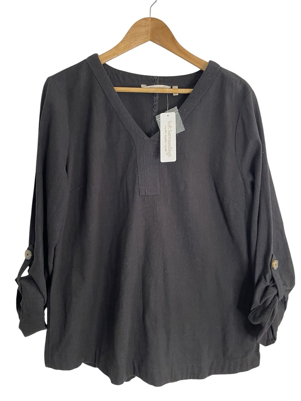 Soft Surroundings Black V-Neck Roll-Tab Sleeves Tunic 'Veleta Top' Size Large